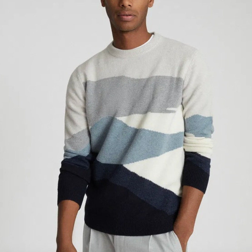 REISS Turner Colour Blocked Crew Neck Jumper Size S NEW $220 Sweater Gray Blue
